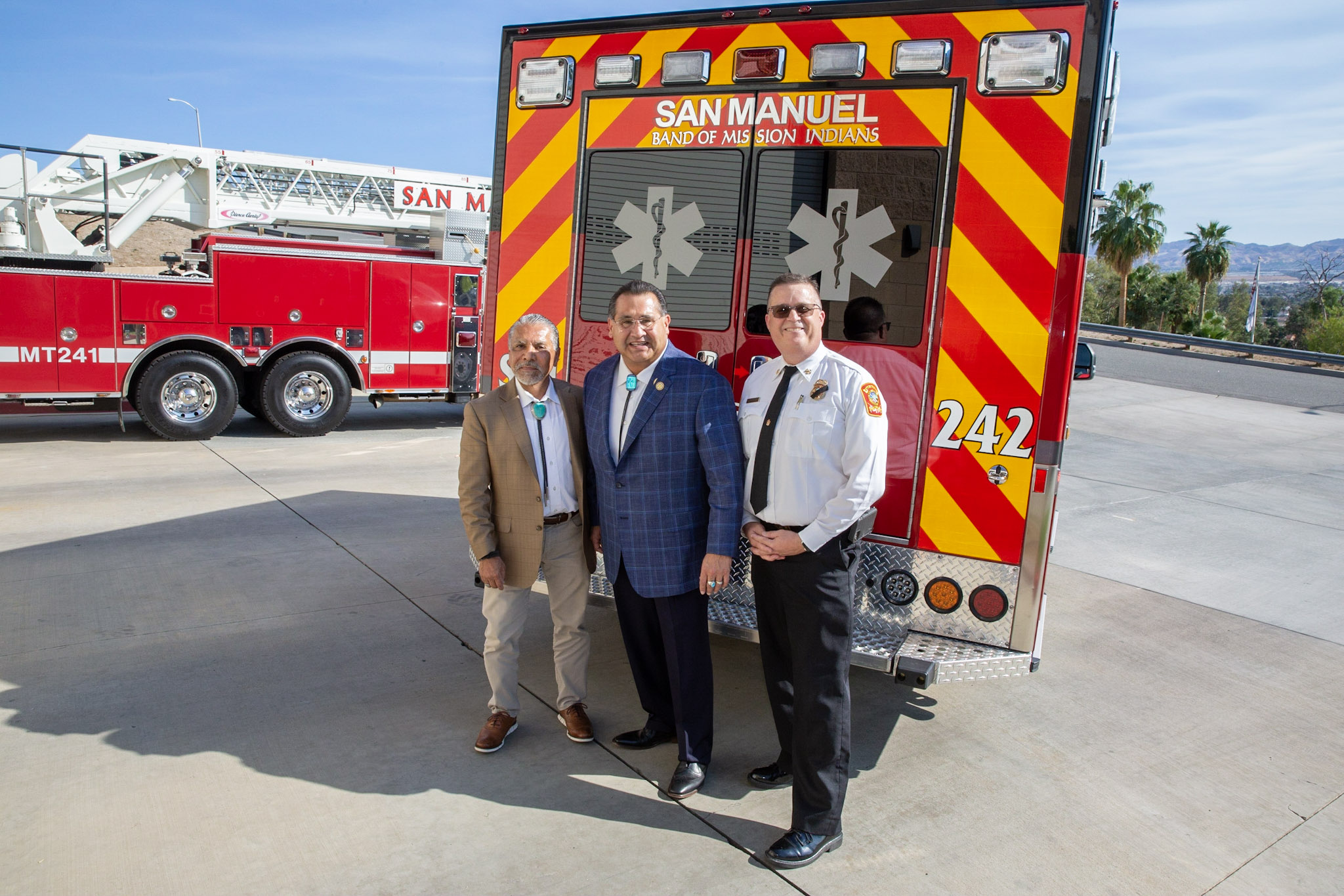 Pictured SM Chairman Ken Ramirez, CA Assemblymember James Ramos and SM Fire Chief Mike Smith